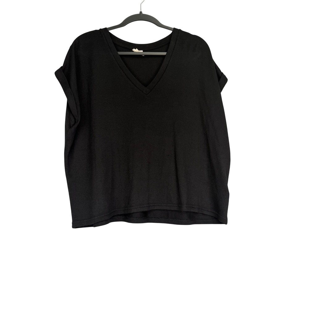 Mod Ref Womens Black V-Neck Oversized Cuffed Short Sleeve Top Size Small